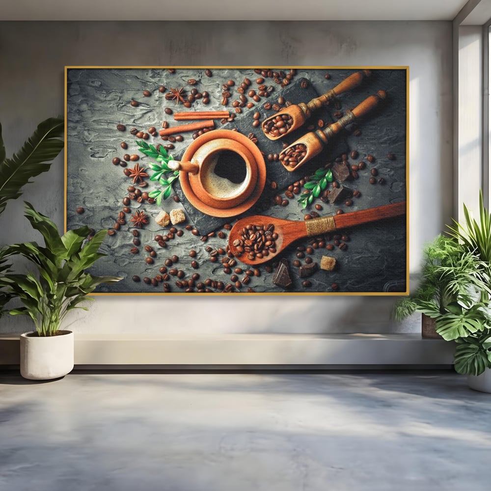 Tablou canvas cu ceasca de cafea si boabe, in rama de aluminiu auriu