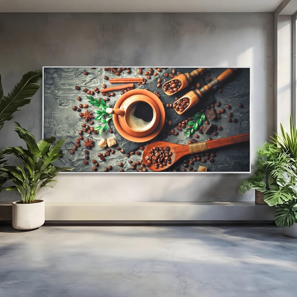 Tablou canvas cu ceasca de cafea si boabe, in rama de aluminiu argintiu