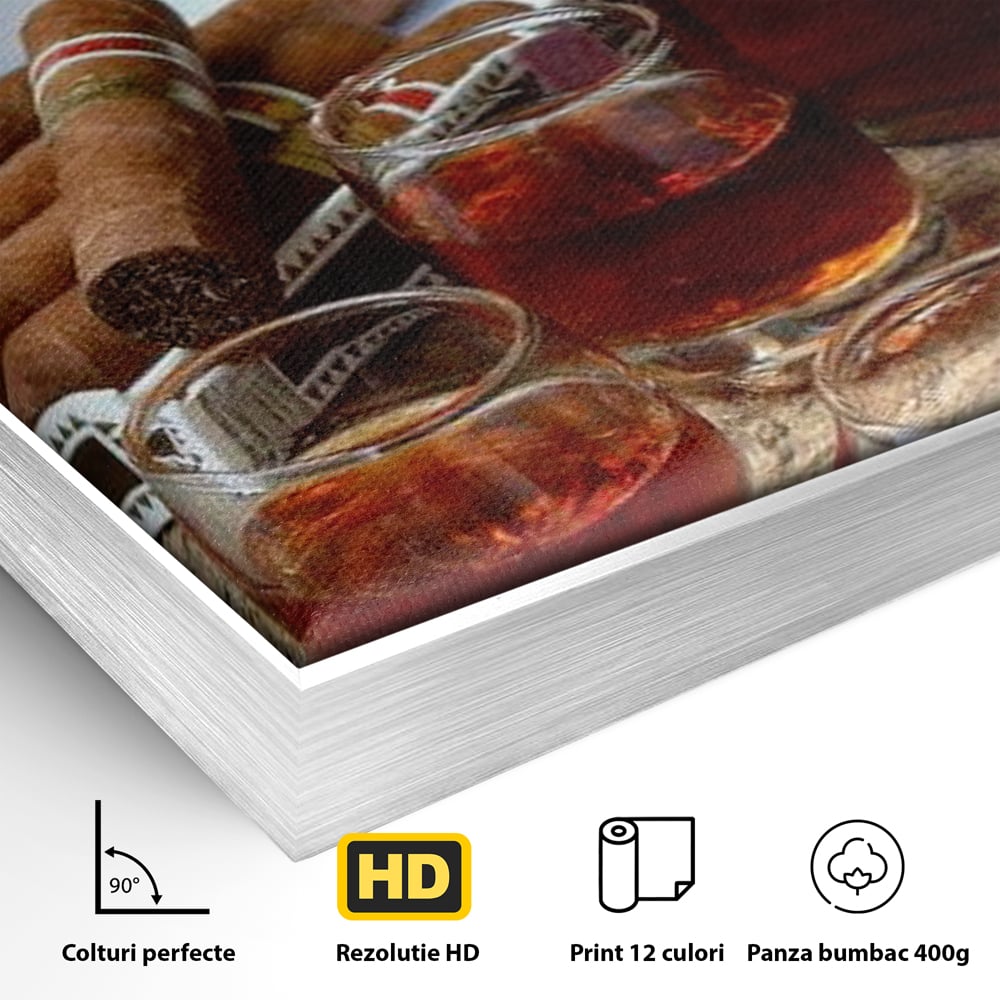 Detaliu al suprafetei: tablou canvas cu sticla de coniac si trabucuri, in rama de aluminiu argintiu