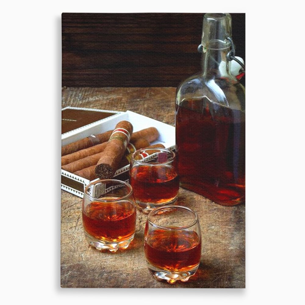 Tablou canvas cu tablou canvas cu sticla de coniac si trabucuri, fara rama, pe sasiu de lemn
