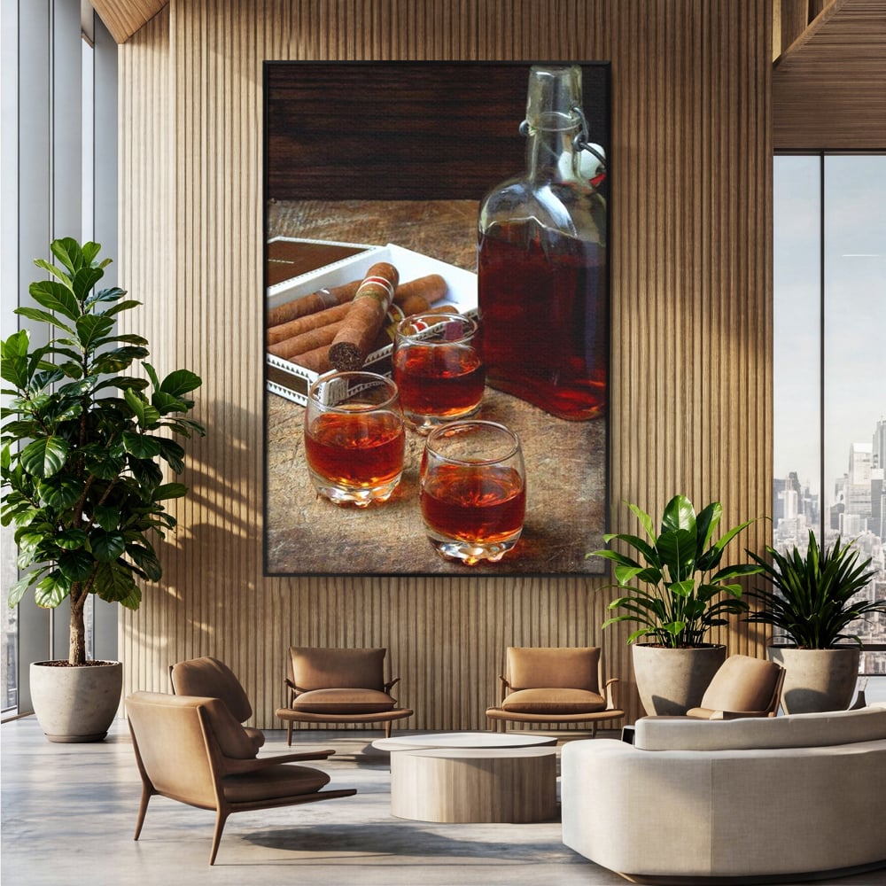 Tablou canvas cu tablou canvas cu sticla de coniac si trabucuri, in rama de aluminiu negru, pe perete intr-un birou