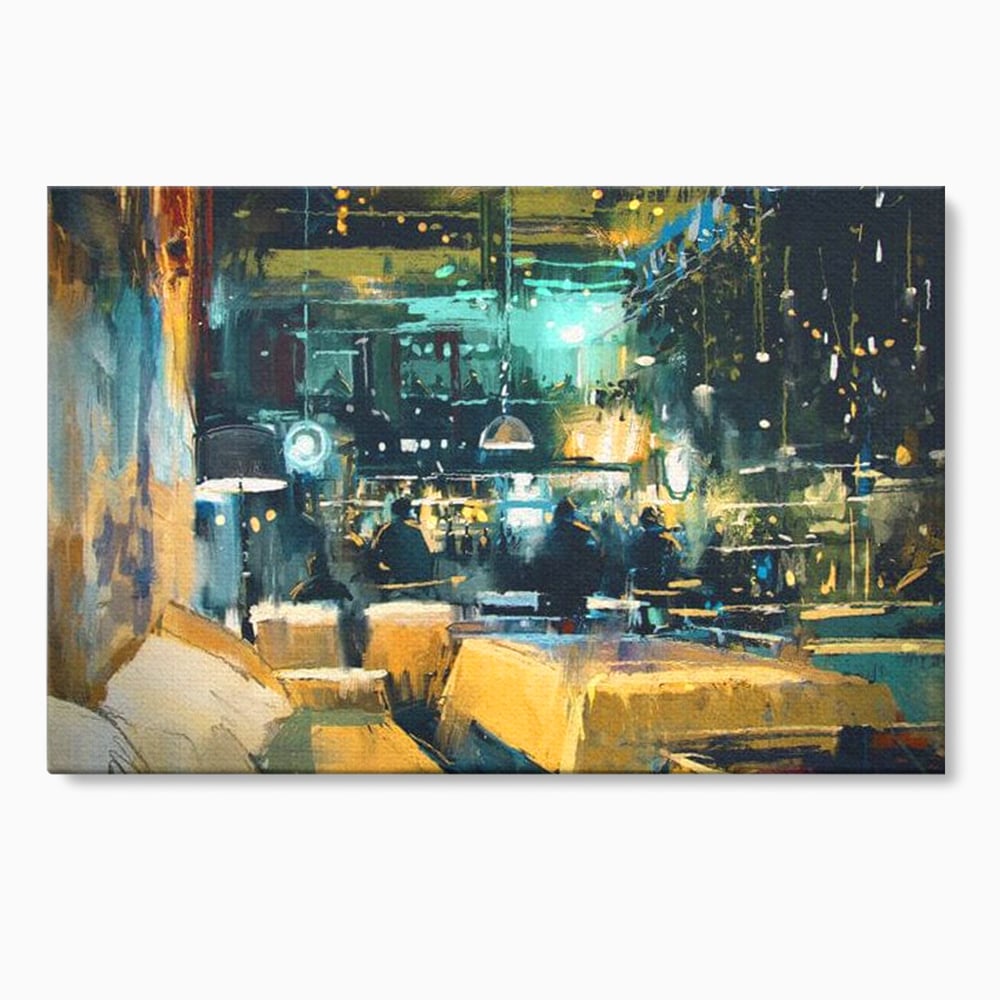 Tablou canvas cu pictura urbana cu pub luminat noaptea, fara rama, pe sasiu de lemn