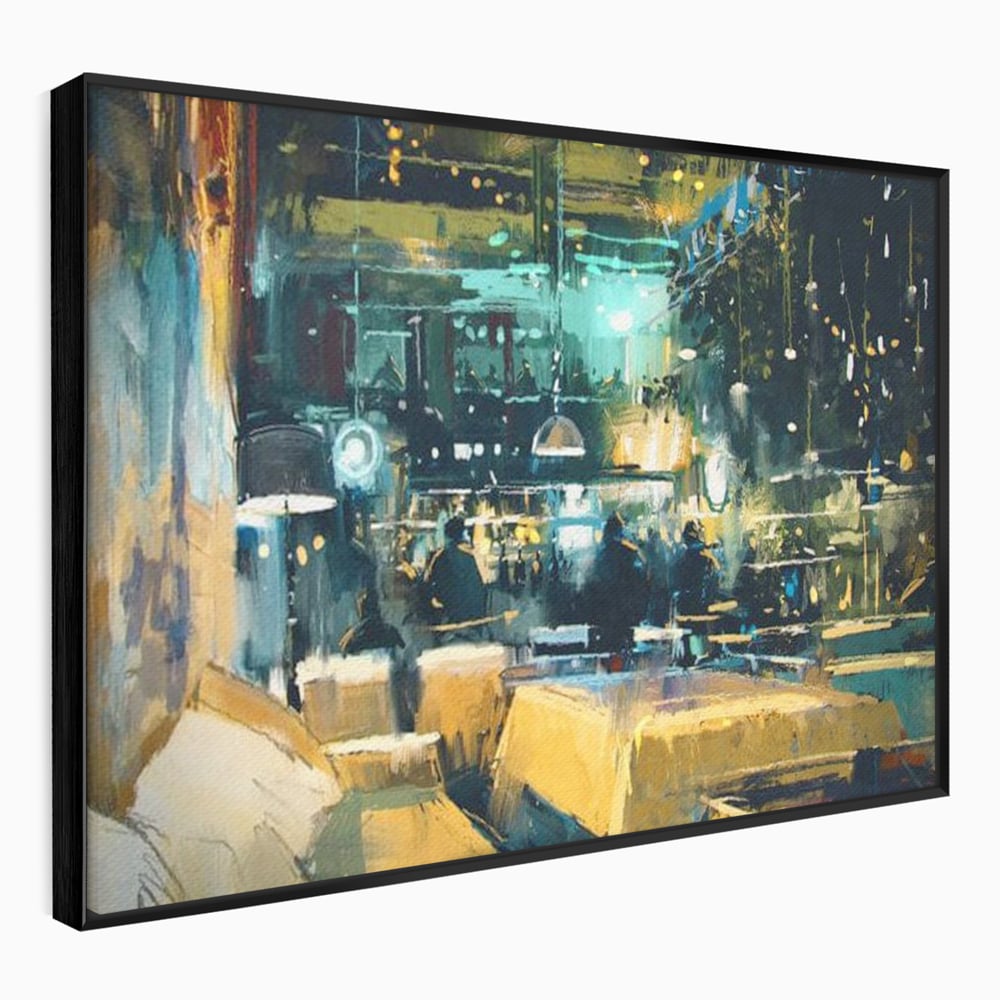 Tablou canvas cu pictura urbana cu pub luminat noaptea, in rama de aluminiu negru