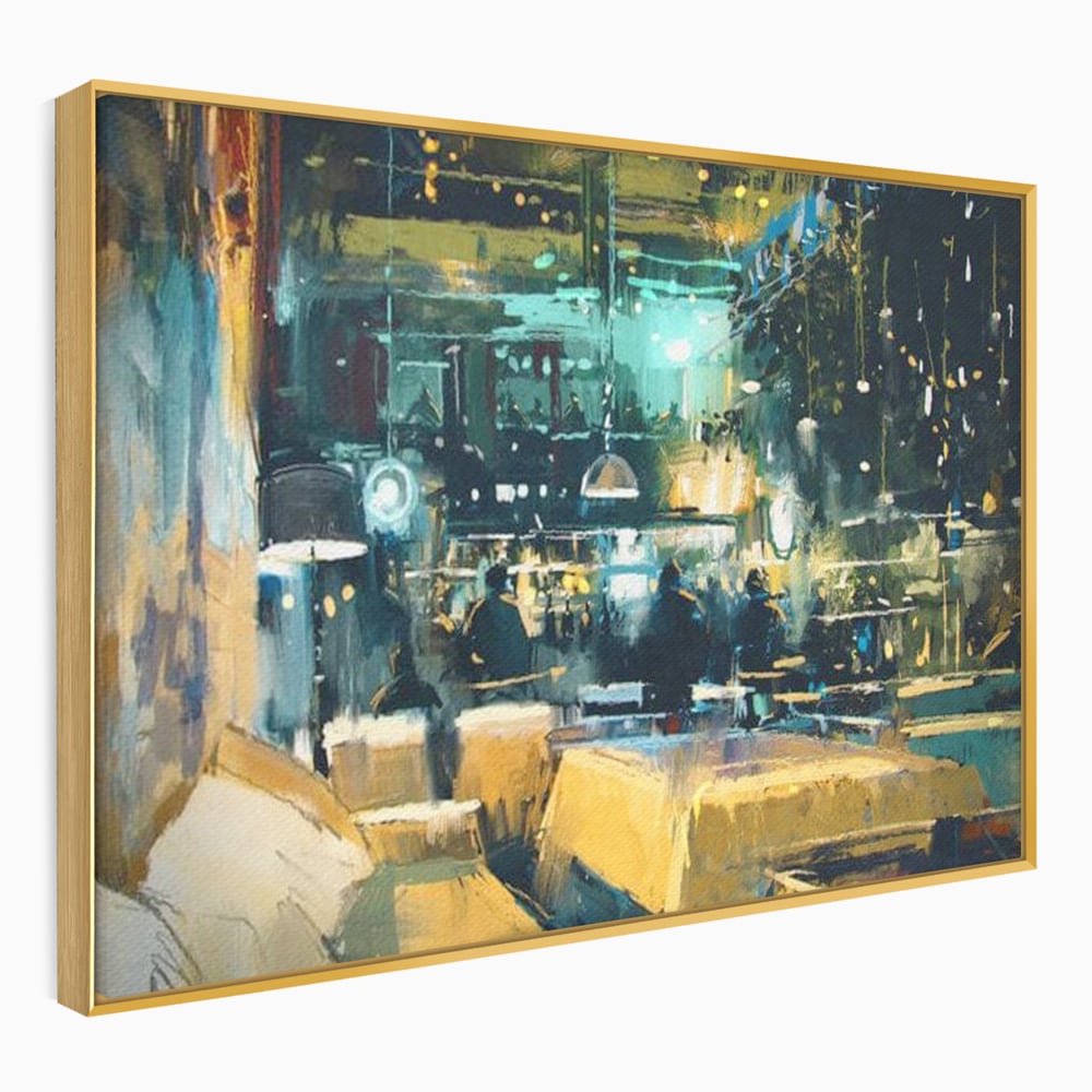 Tablou canvas cu pictura urbana cu pub luminat noaptea, in rama de aluminiu auriu