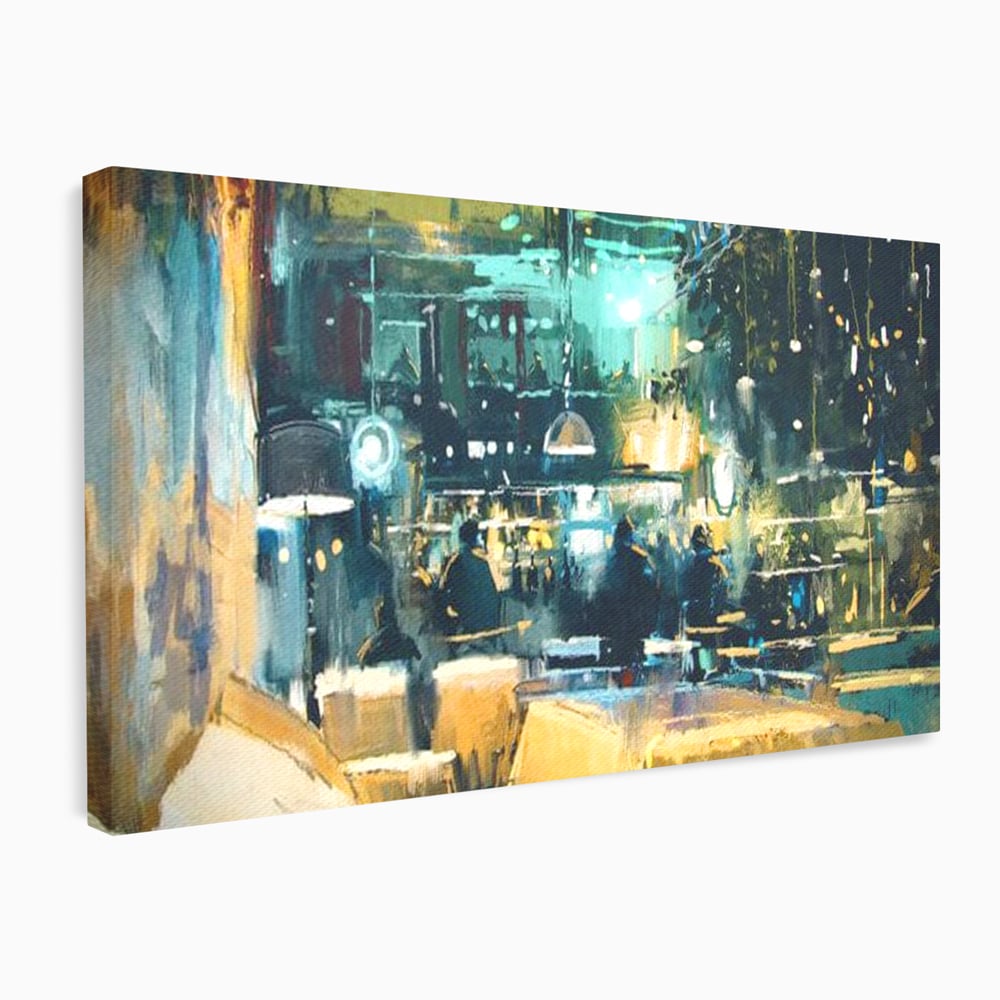 Tablou canvas cu pictura urbana cu pub luminat noaptea, fara rama, pe sasiu de lemn