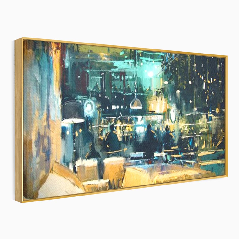 Tablou canvas cu pictura urbana cu pub luminat noaptea, in rama de aluminiu auriu