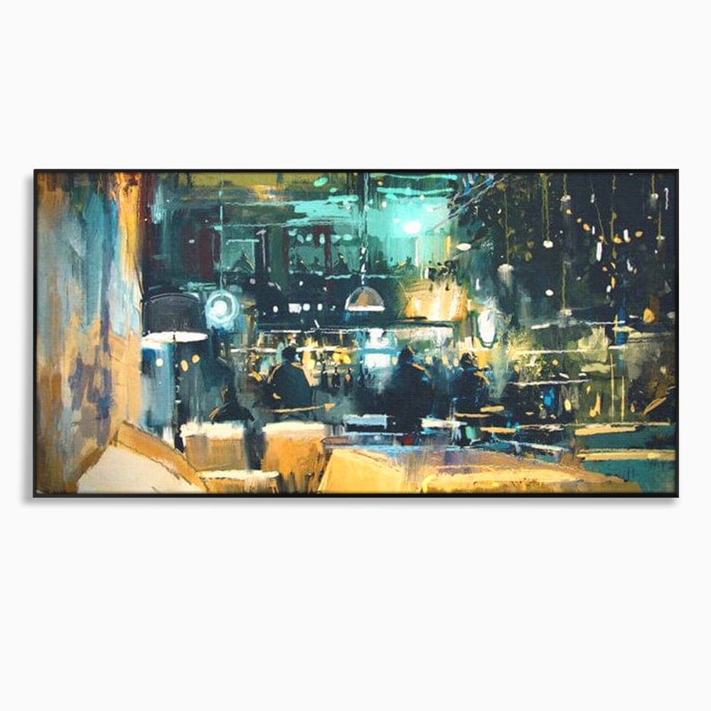 Tablou canvas cu pictura urbana cu pub luminat noaptea, in rama de aluminiu negru