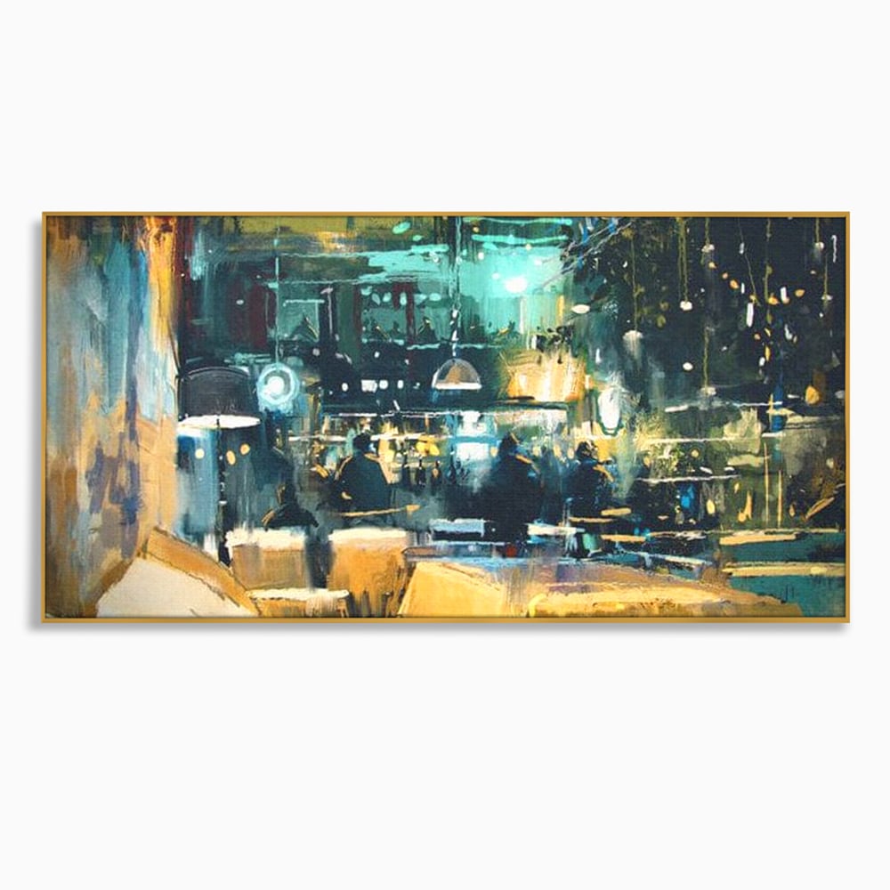 Tablou canvas cu pictura urbana cu pub luminat noaptea, in rama de aluminiu auriu
