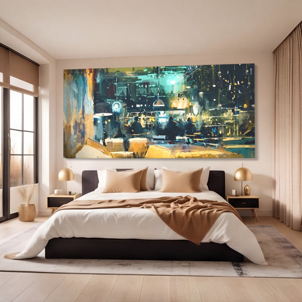 Tablou canvas cu pictura urbana cu pub luminat noaptea, fara rama, pe sasiu de lemn, pe perete intr-un dormitor