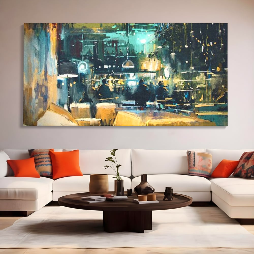 Tablou canvas cu pictura urbana cu pub luminat noaptea, fara rama, pe sasiu de lemn, pe perete intr-un living