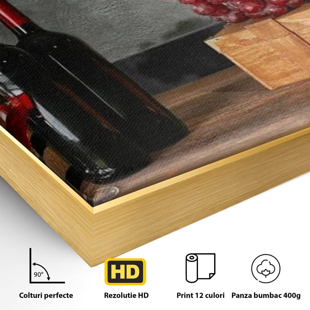 Detaliu al suprafetei: tablou canvas cu sticle si struguri, in rama de aluminiu auriu