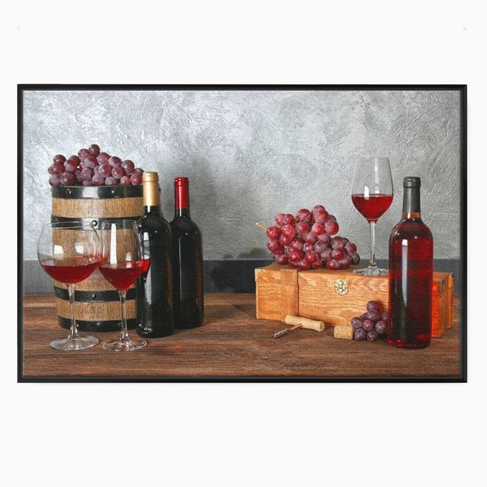 Tablou canvas cu tablou canvas cu sticle si struguri, in rama de aluminiu negru