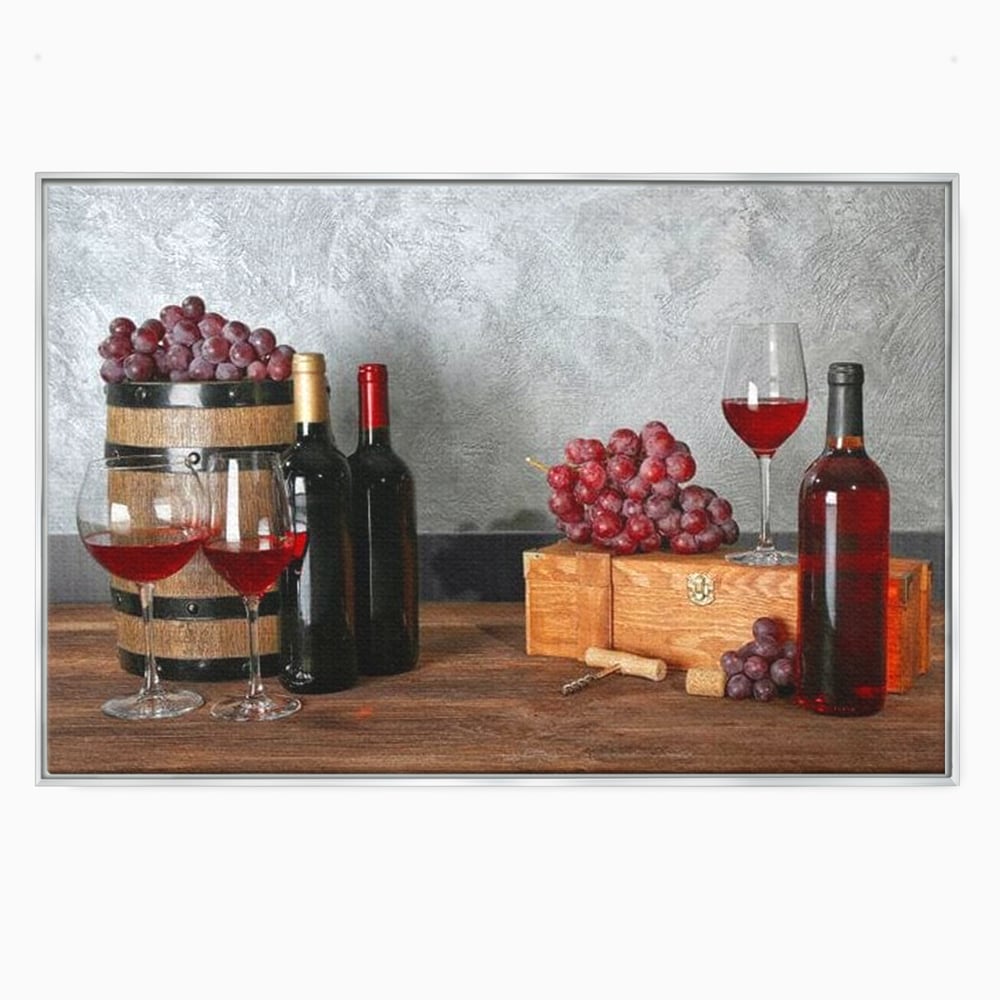 Tablou canvas cu tablou canvas cu sticle si struguri, in rama de aluminiu argintiu
