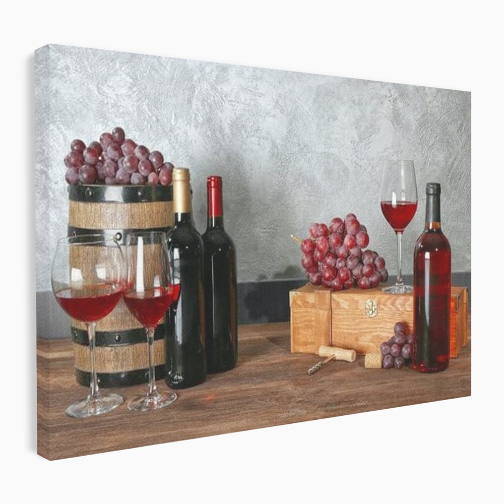 Tablou canvas cu tablou canvas cu sticle si struguri, fara rama, pe sasiu de lemn