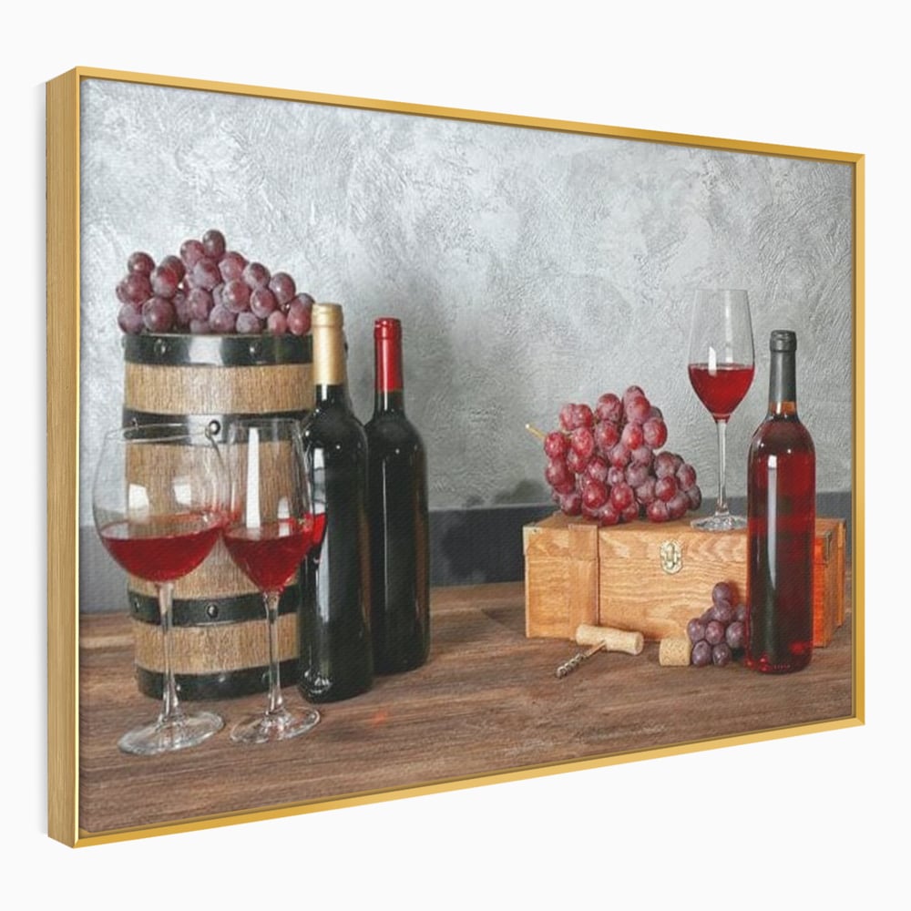 Tablou canvas cu tablou canvas cu sticle si struguri, in rama de aluminiu auriu