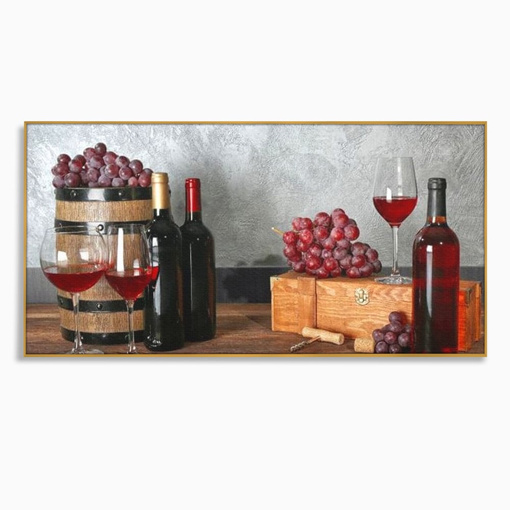 Tablou canvas cu tablou canvas cu sticle si struguri, in rama de aluminiu auriu