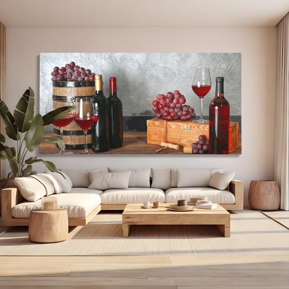 Tablou canvas cu tablou canvas cu sticle si struguri, fara rama, pe sasiu de lemn, pe perete intr-un living