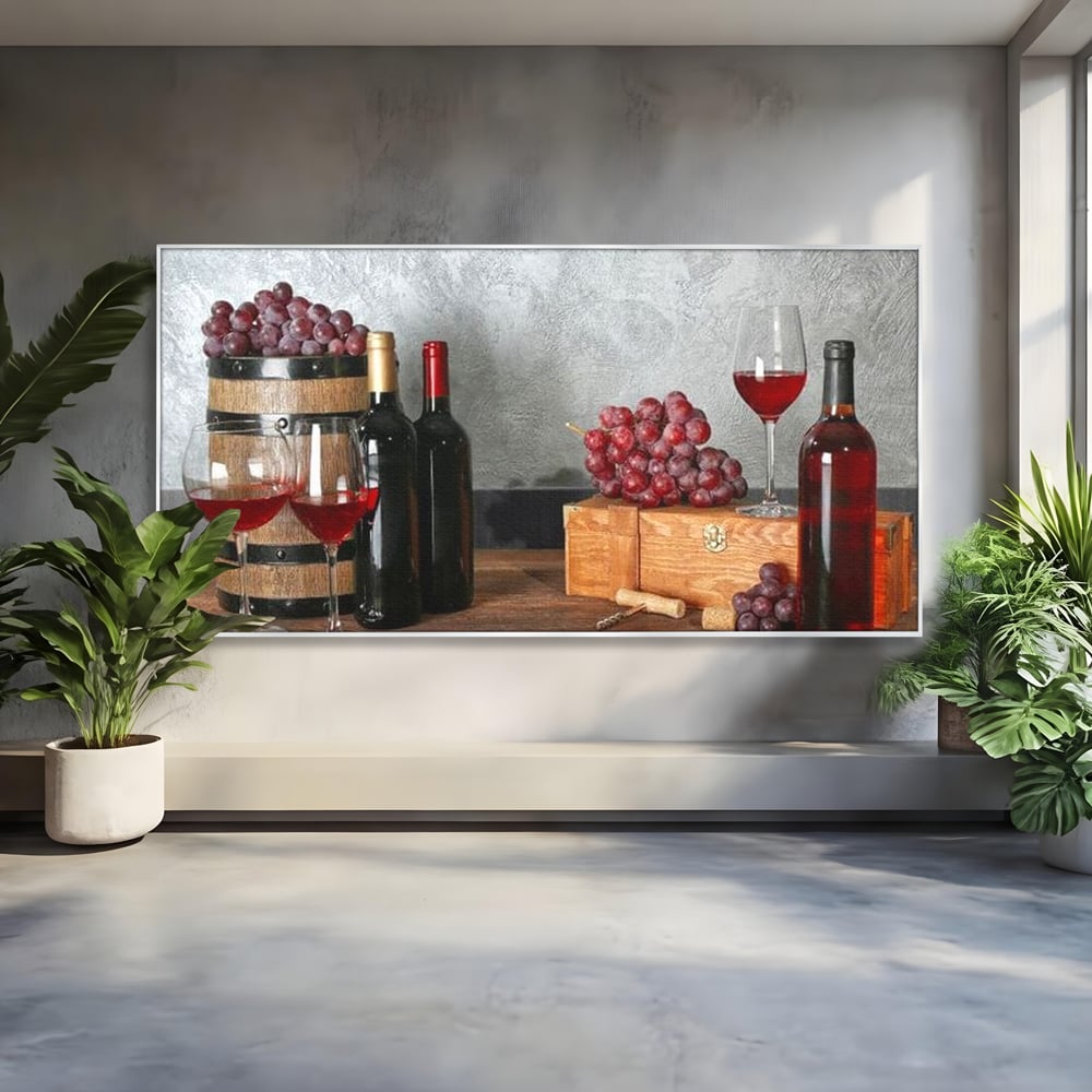 Tablou canvas cu tablou canvas cu sticle si struguri, in rama de aluminiu argintiu