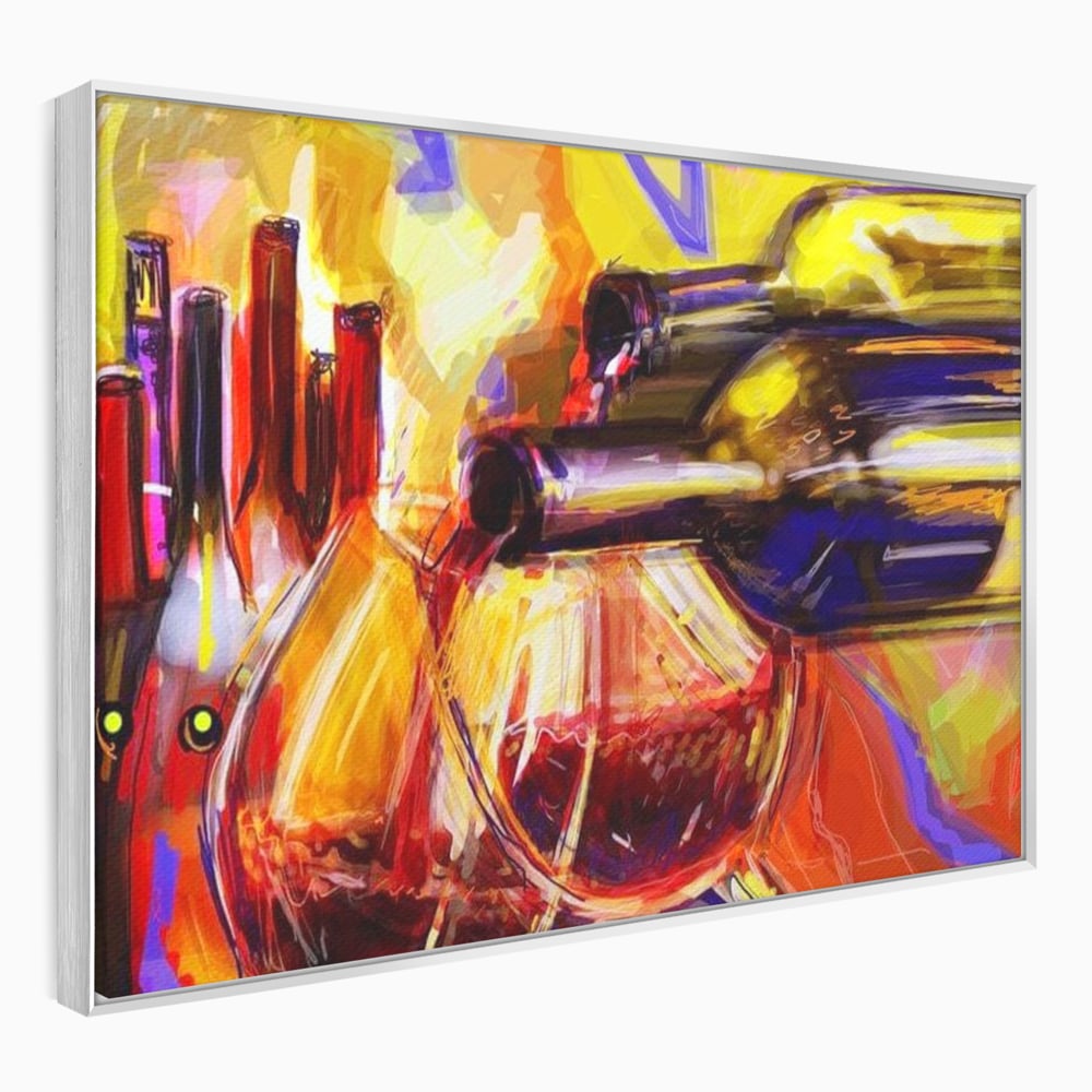 Tablou canvas cu pictura abstracta cu sticle si pahare de vin, in rama de aluminiu argintiu