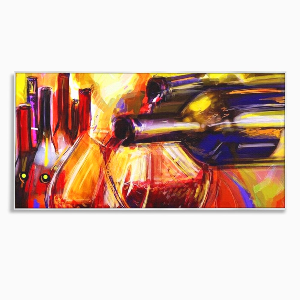Tablou canvas cu pictura abstracta cu sticle si pahare de vin, in rama de aluminiu argintiu