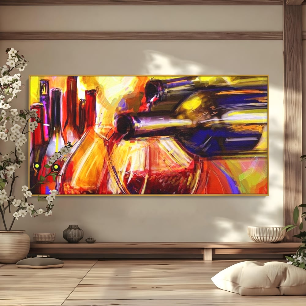 Tablou canvas cu pictura abstracta cu sticle si pahare de vin, in rama de aluminiu auriu