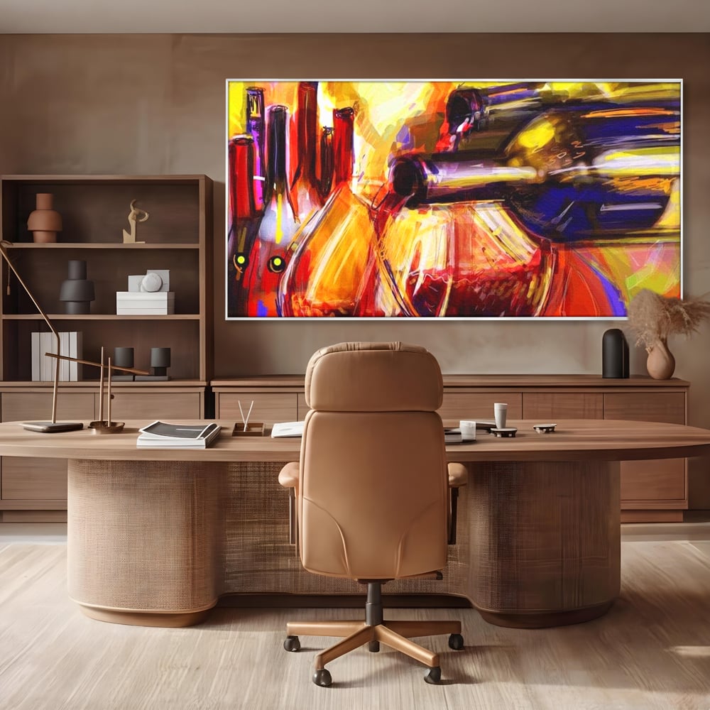 Tablou canvas cu pictura abstracta cu sticle si pahare de vin, in rama de aluminiu argintiu, pe perete intr-un birou