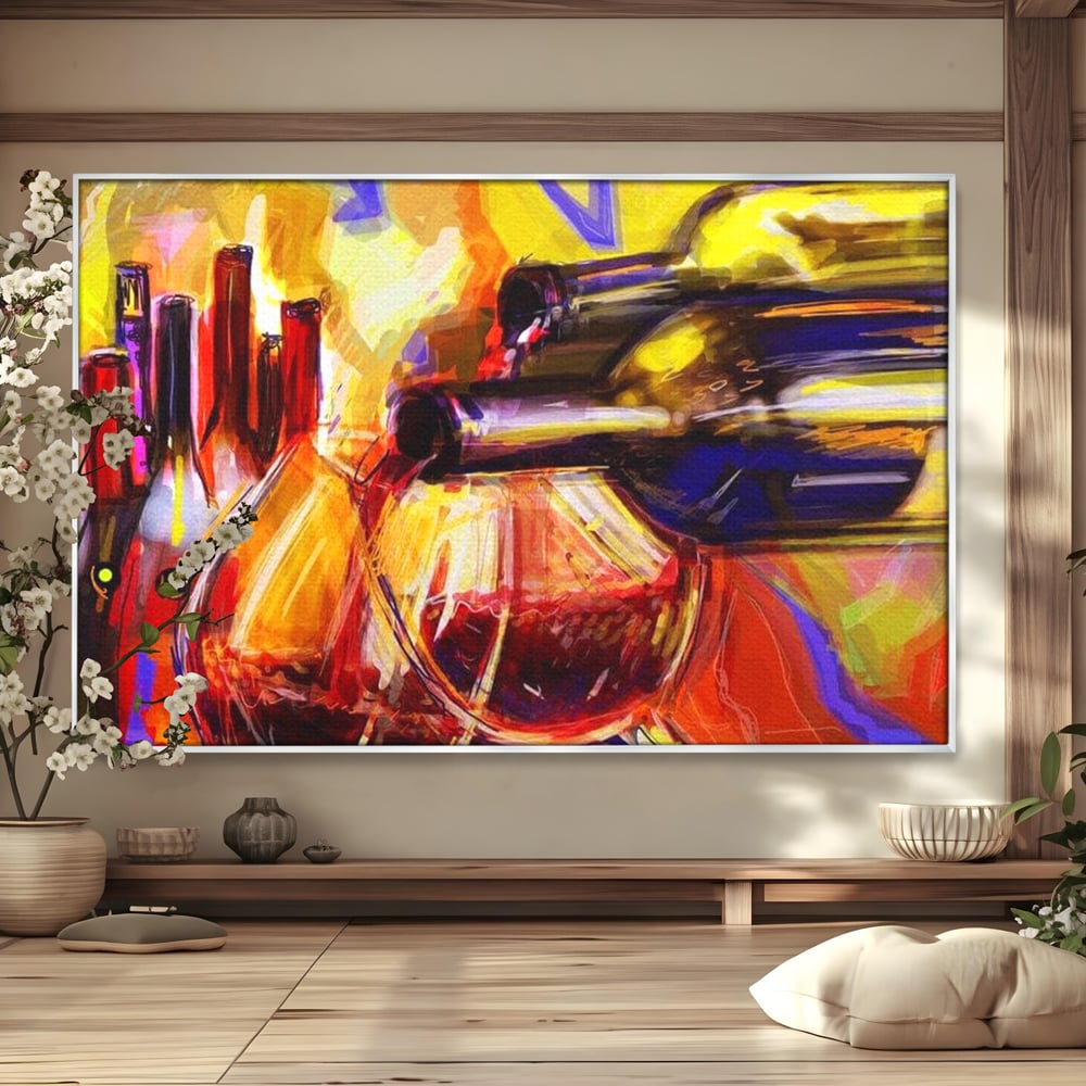 Tablou canvas cu pictura abstracta cu sticle si pahare de vin, in rama de aluminiu argintiu