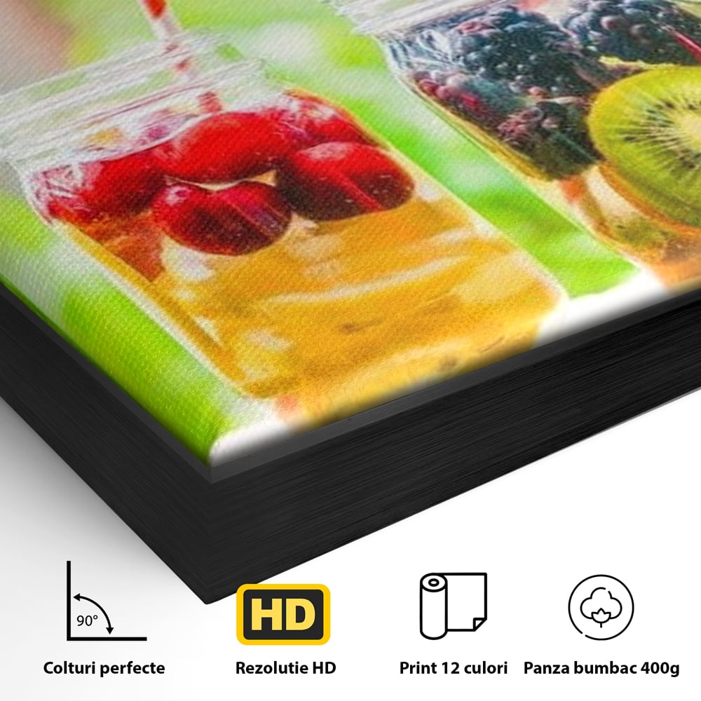 Detaliu al suprafetei: patru borcane cu limonada de fructe, in rama de aluminiu negru