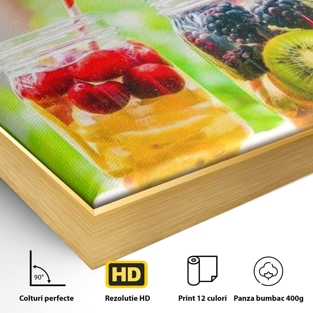Detaliu al suprafetei: patru borcane cu limonada de fructe, in rama de aluminiu auriu