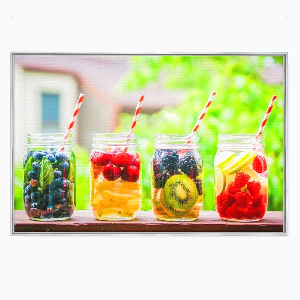 Tablou canvas cu patru borcane cu limonada de fructe, in rama de aluminiu argintiu