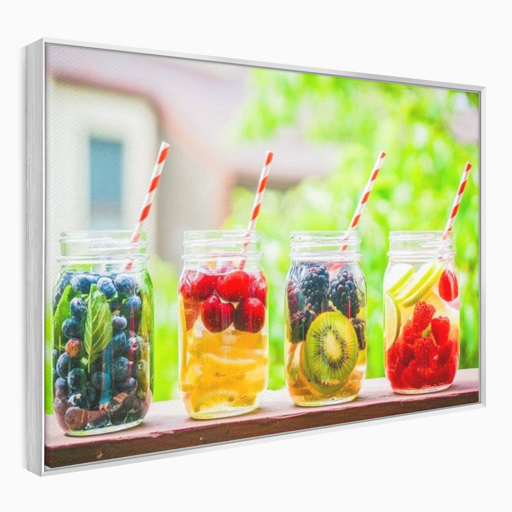 Tablou canvas cu patru borcane cu limonada de fructe, in rama de aluminiu argintiu