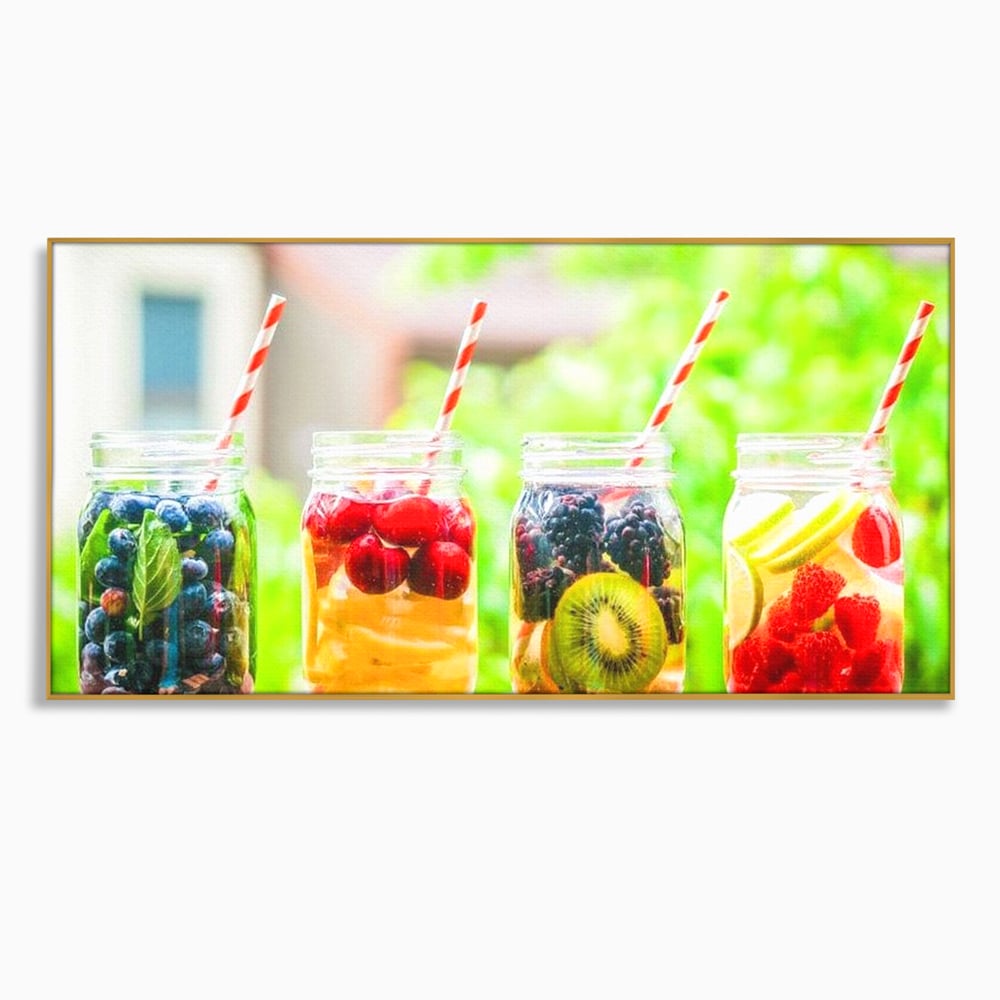Tablou canvas cu patru borcane cu limonada de fructe, in rama de aluminiu auriu