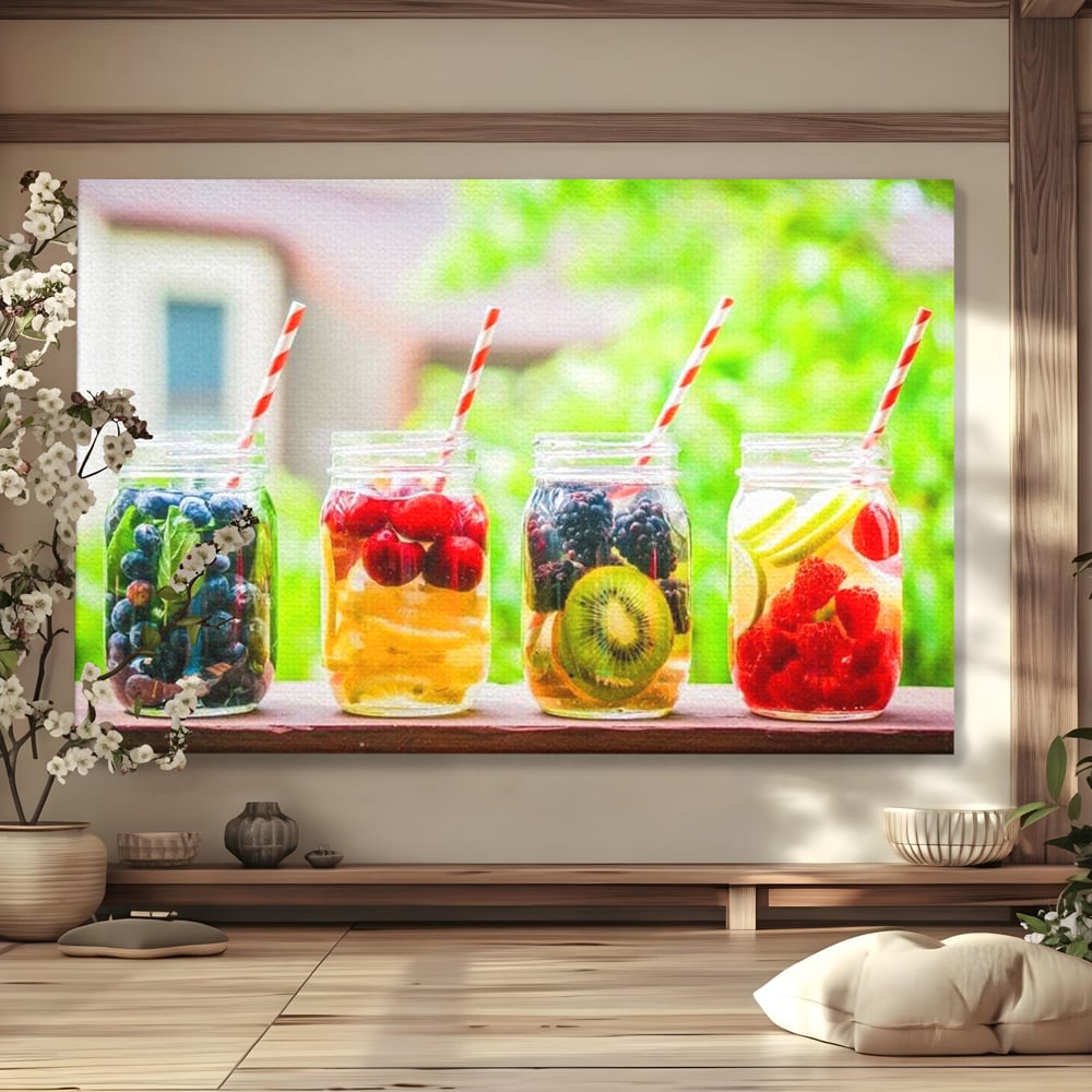 Tablou Canvas Patru Borcane cu Limonada de Fructe, Rosu si Galben, N1013