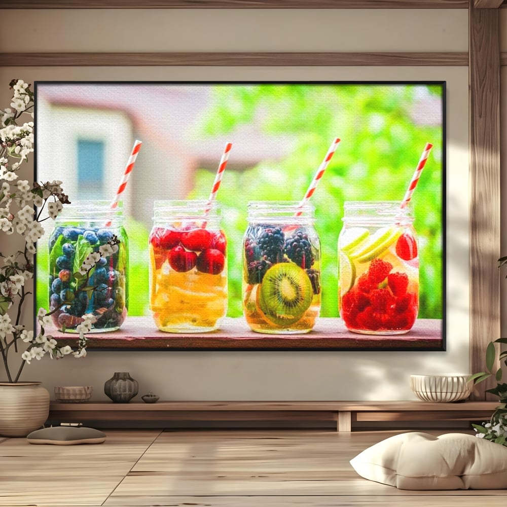 Tablou Canvas Patru Borcane cu Limonada de Fructe, Rosu si Galben, N1013