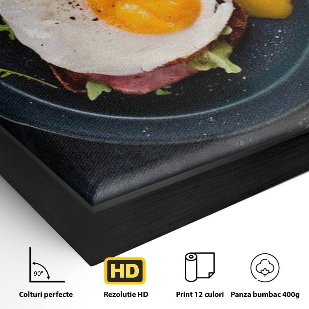 Detaliu al suprafetei: tablou canvas cu mic dejun, in rama de aluminiu negru