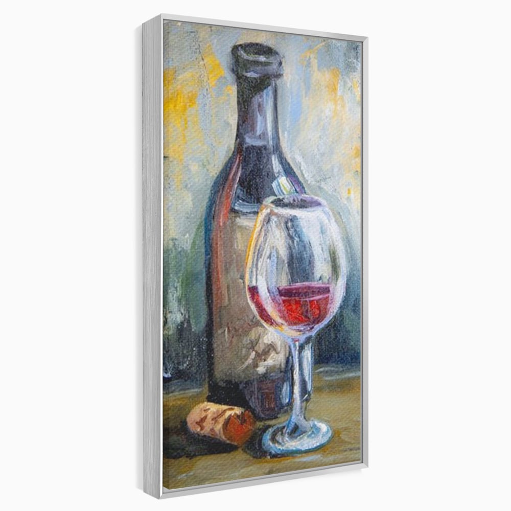 Tablou canvas cu pictura cu sticla de vin si pahar, in rama de aluminiu argintiu