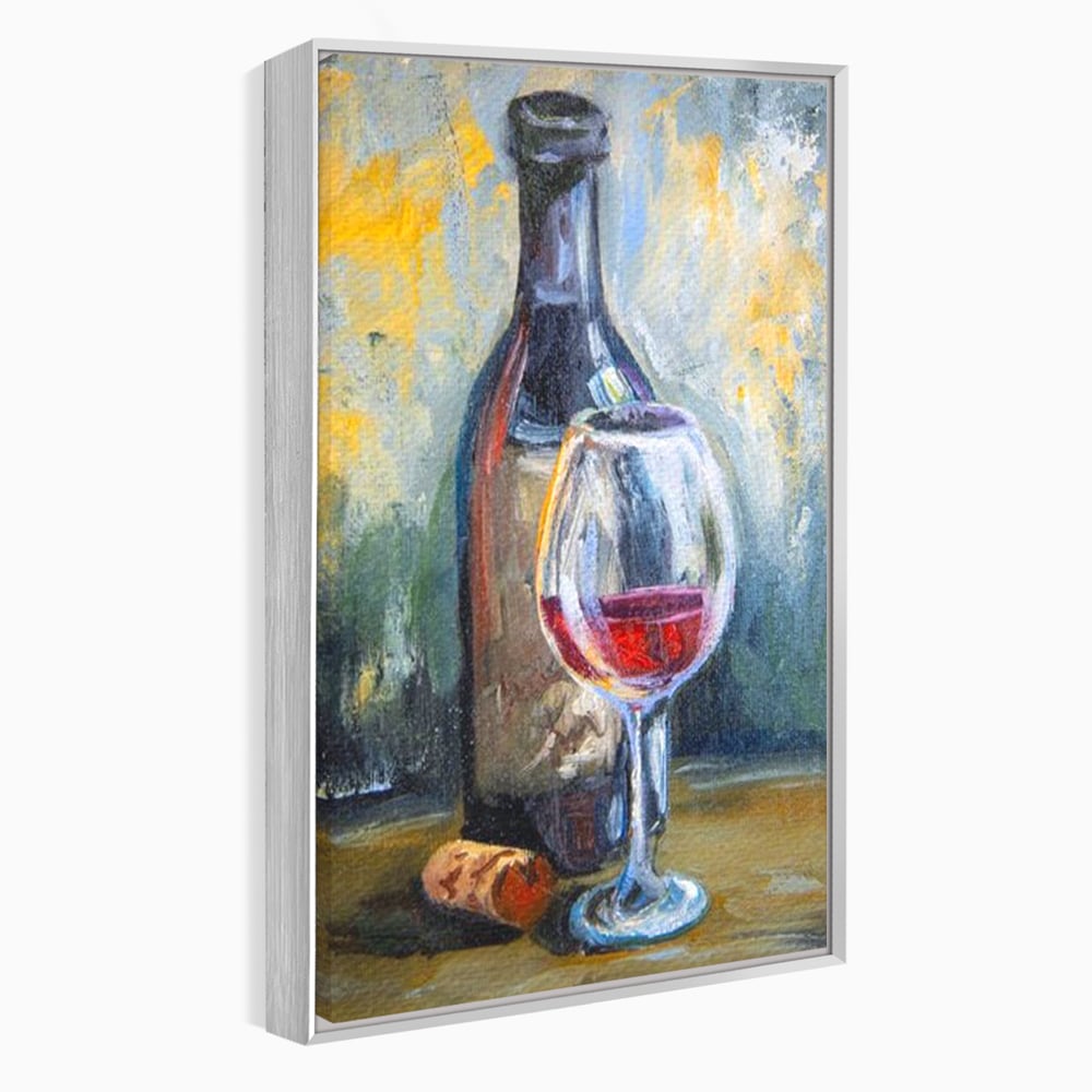 Tablou canvas cu pictura cu sticla de vin si pahar, in rama de aluminiu argintiu