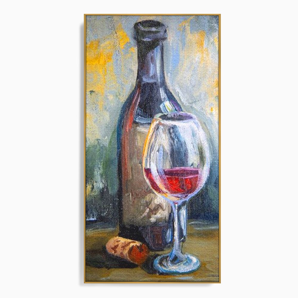 Tablou canvas cu pictura cu sticla de vin si pahar, in rama de aluminiu auriu