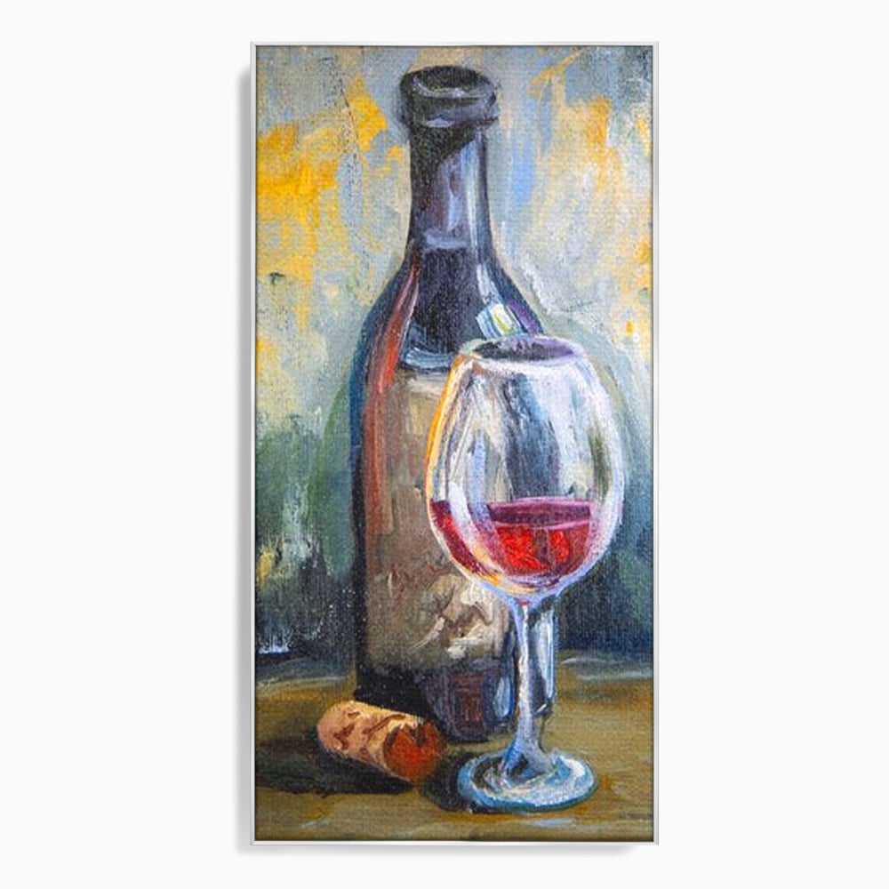 Tablou canvas cu pictura cu sticla de vin si pahar, in rama de aluminiu argintiu