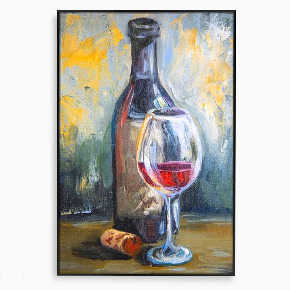 Tablou canvas cu pictura cu sticla de vin si pahar, in rama de aluminiu negru