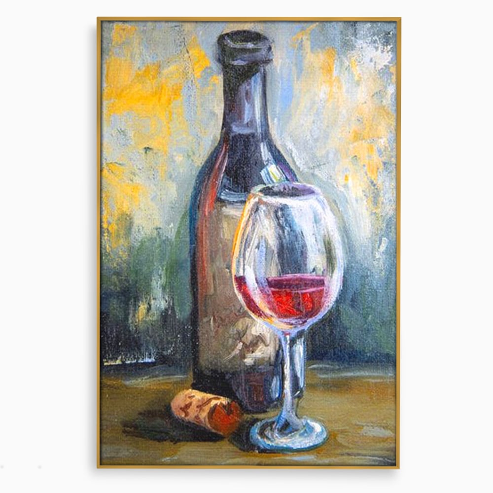 Tablou canvas cu pictura cu sticla de vin si pahar, in rama de aluminiu auriu