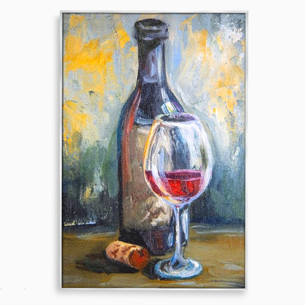 Tablou canvas cu pictura cu sticla de vin si pahar, in rama de aluminiu argintiu