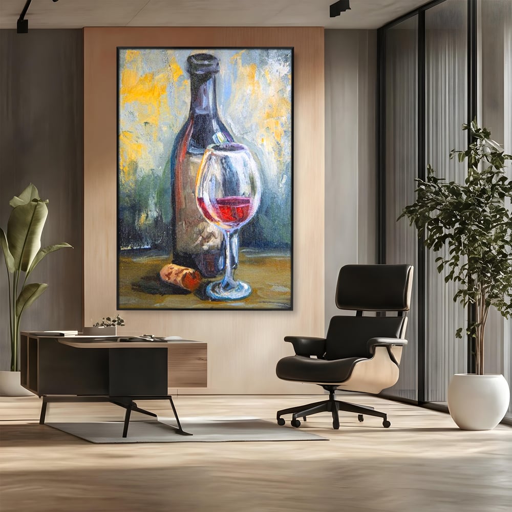 Tablou Canvas Pictura cu Sticla de Vin si Pahar, Gri si Maro, N1015