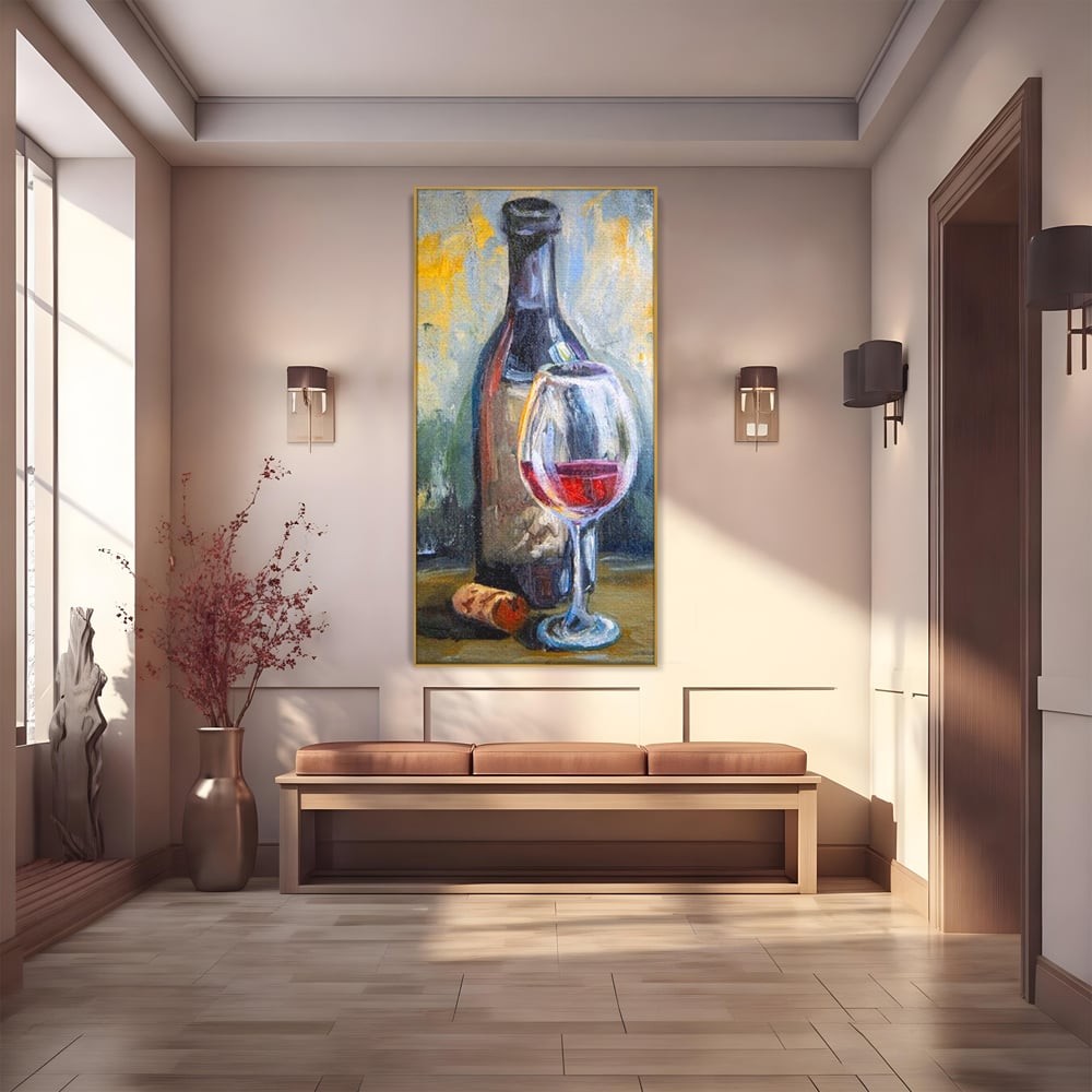 Tablou Canvas Pictura cu Sticla de Vin si Pahar, Gri si Maro, N1015