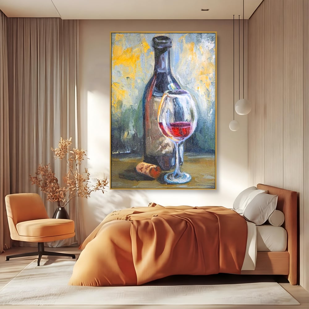 Tablou Canvas Pictura cu Sticla de Vin si Pahar, Gri si Maro, N1015