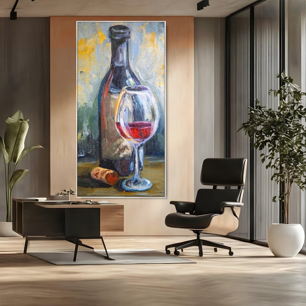 Tablou Canvas Pictura cu Sticla de Vin si Pahar, Gri si Maro, N1015