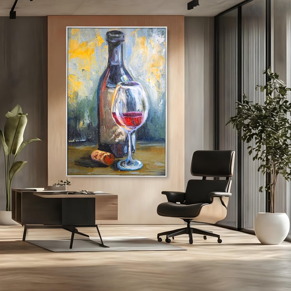 Tablou Canvas Pictura cu Sticla de Vin si Pahar, Gri si Maro, N1015