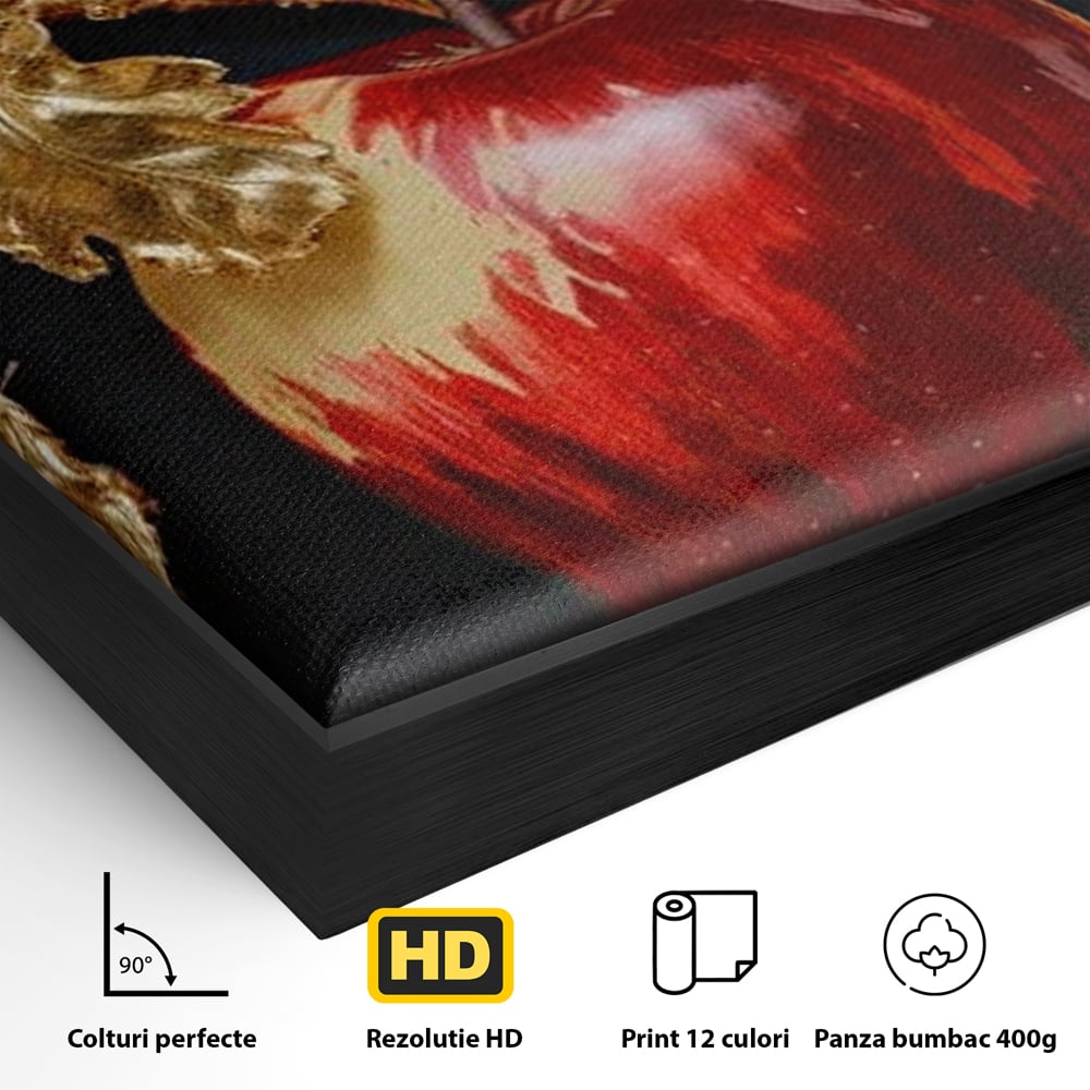 Detaliu al suprafetei: tablou canvas cu mar rosu si frunze aurii, in rama de aluminiu negru