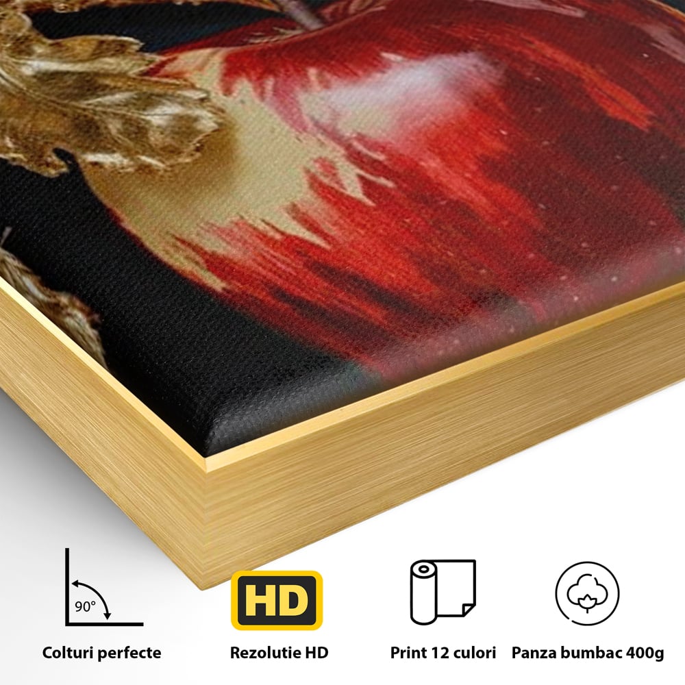 Detaliu al suprafetei: tablou canvas cu mar rosu si frunze aurii, in rama de aluminiu auriu