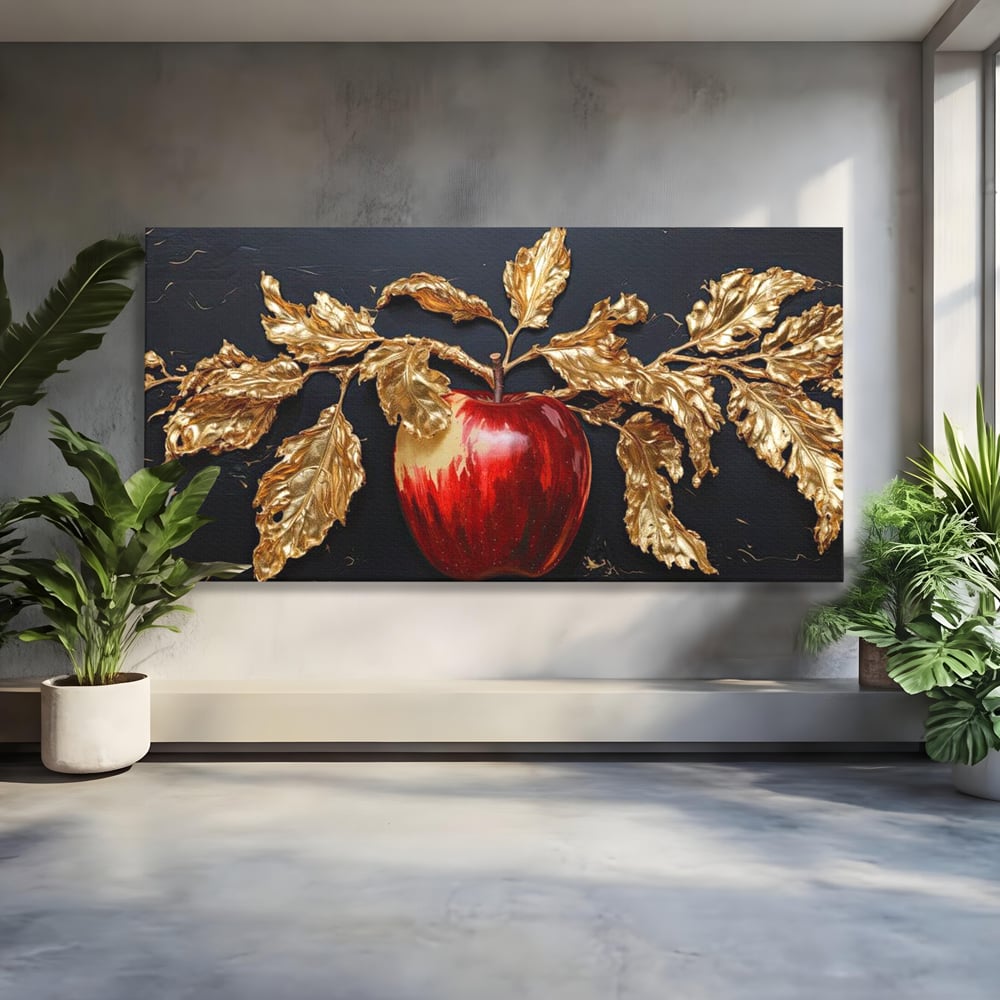 Tablou canvas cu tablou canvas cu mar rosu si frunze aurii, fara rama, pe sasiu de lemn